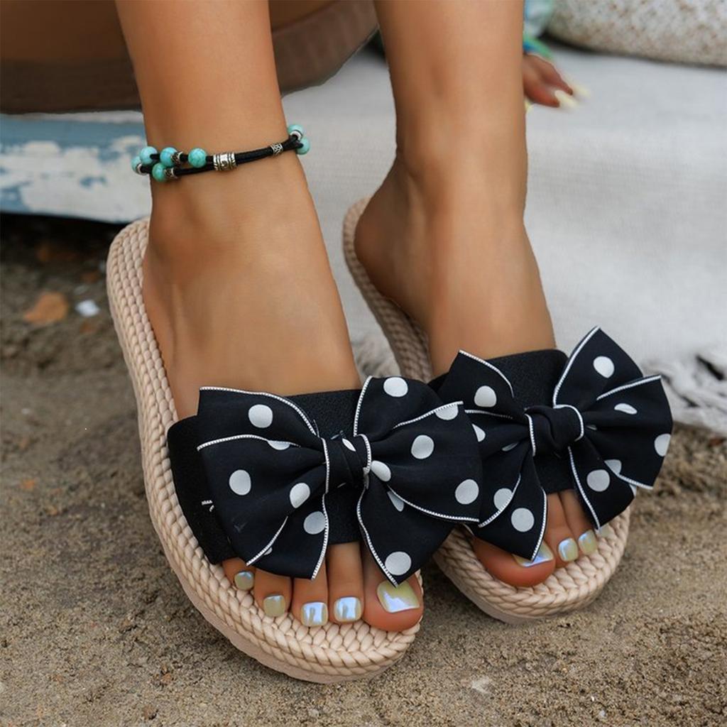 Womens Polka Dot Bow Espadrille Platform Slide Sandals Open Toe Flat Beach Shoes with Woven Sole