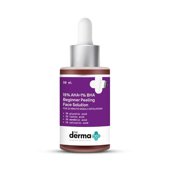The Derma Co 15 % AHA + 1 % BHA – Reparierende Gesichtspeeling-Lösung für Anfänger, entfernt Unreinheiten für ein 10-minütiges wöchentliches Peeling