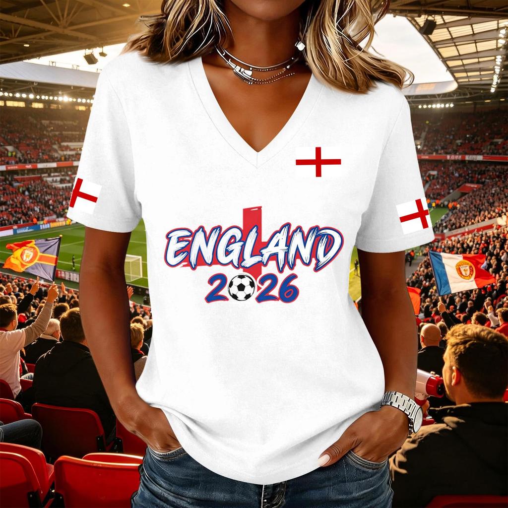 Damen Lässiger Pullover mit V-Ausschnitt und kurzen Ärmeln Fußball-Fan-T-Shirt mit England-Flaggen-Aufdruck Leicht Bequem