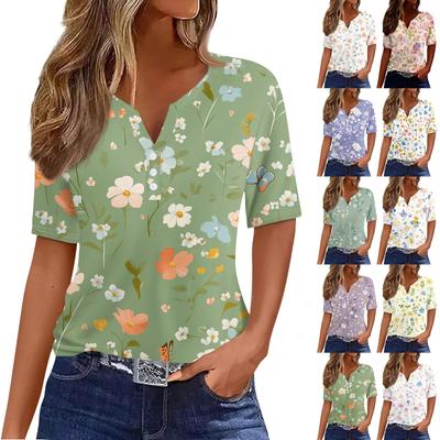 Women's T Shirt Print Button Short Sleeve Daily Weekend Fashion Basic V-Neck Regular Top