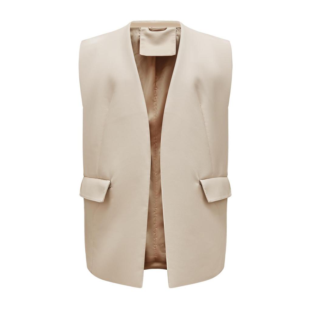 Cardigan Vest for Women Faux Leather Sleeveless Short Jacket with Pockets Plus Size Loose Waist Coat In Black Camel Beige