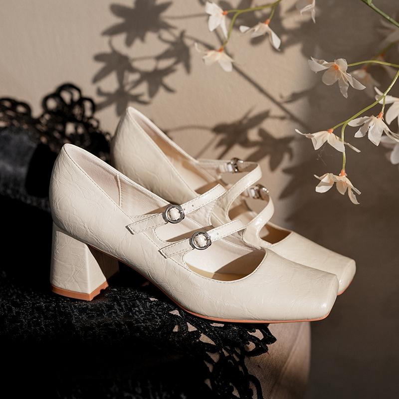 

Sheepskin college style thick high heels Mary Jane shoes women s head retro single shoes double one-word buckle strap spring and autumn 39
