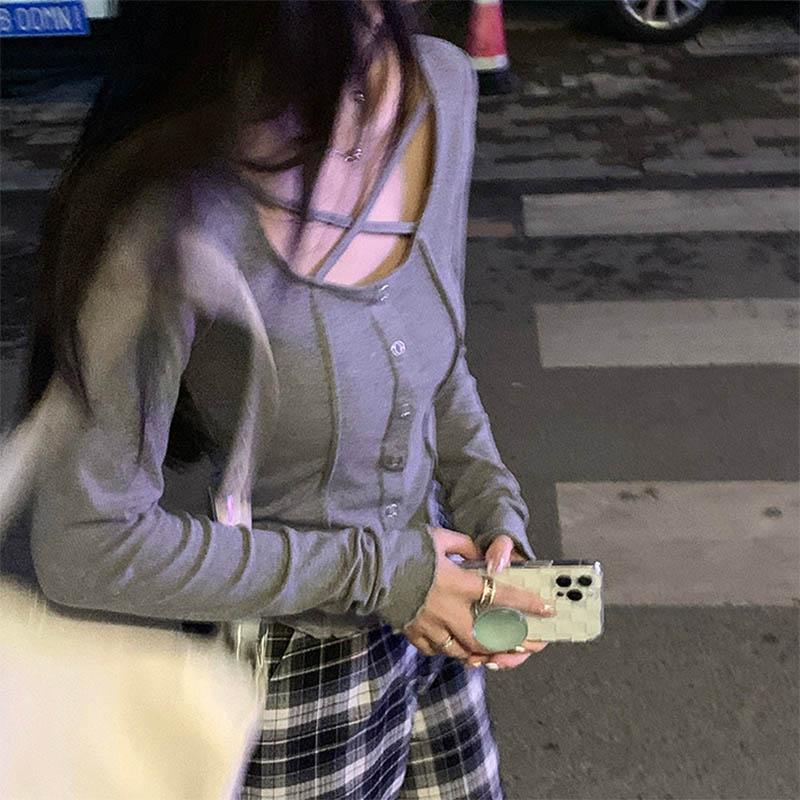 Harajuku Korean Slim Fit Long Sleeve Top Women's Solid Color T-shirt Streetwear Spring T-shirt