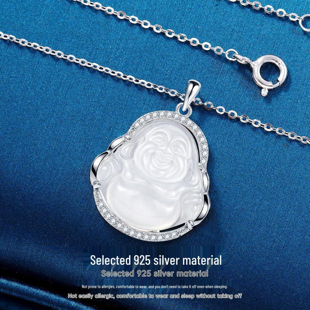 S925 Sterling Silver High Ice Chalcedony Buddha Pendant Necklace for Women - Maitreya Clavicle Chain, Simple National Trend, Mother's Day Gift.