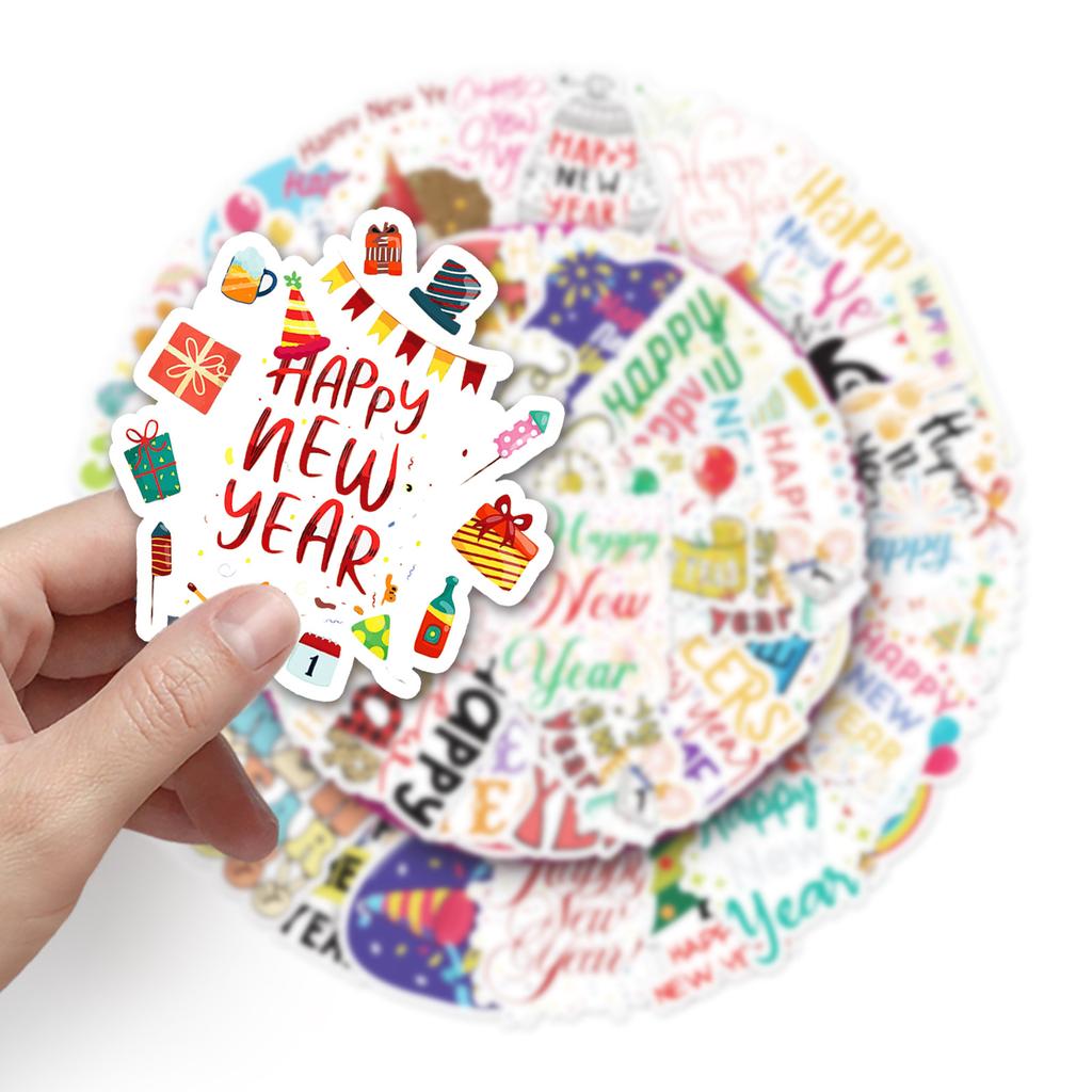 50 Happy New Year Doodle Decoration Festival English Stickers DIY Mobile Case Suitcase Stickers Waterproof