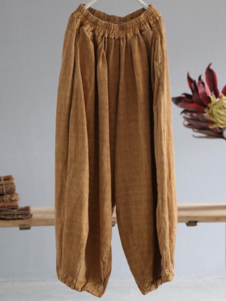 Johnature Women Vintage Linen Wide Leg Pants Elastic Waist Loose Autumn Trouser Chinese Style Women Soft Long Pants