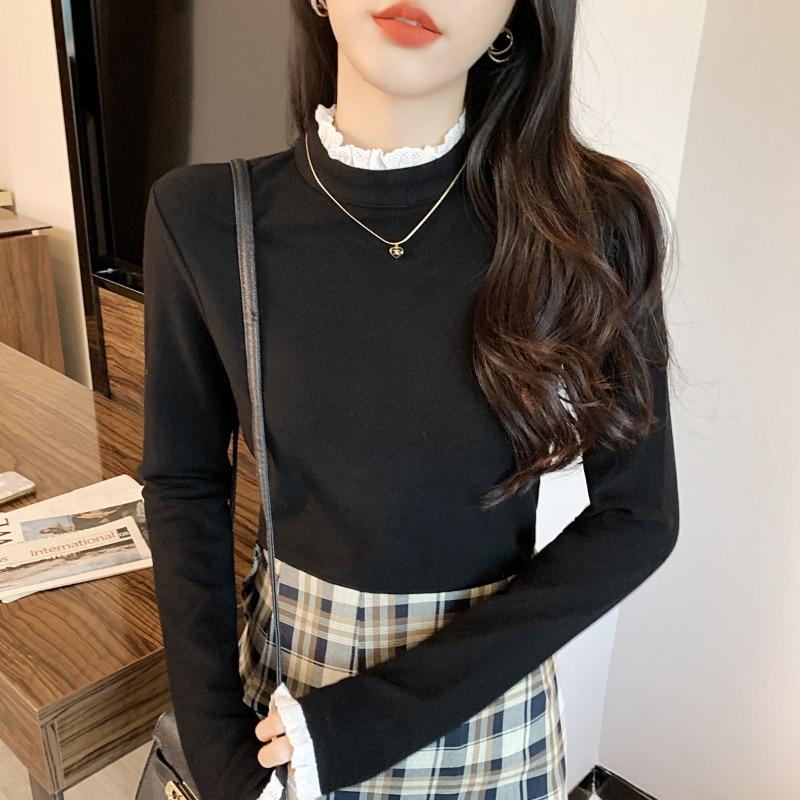 German velvet thermal bottoming shirt women's lace semi-turtleneck top spring temperament long-sleeved T-shirt