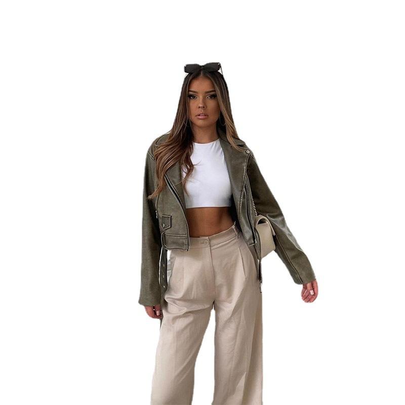 Spring Autumn Women Faux Pu Leather Short Jacket with Belt Motorcycle Biker Female Zipper Lapel Loose Coat Outwear