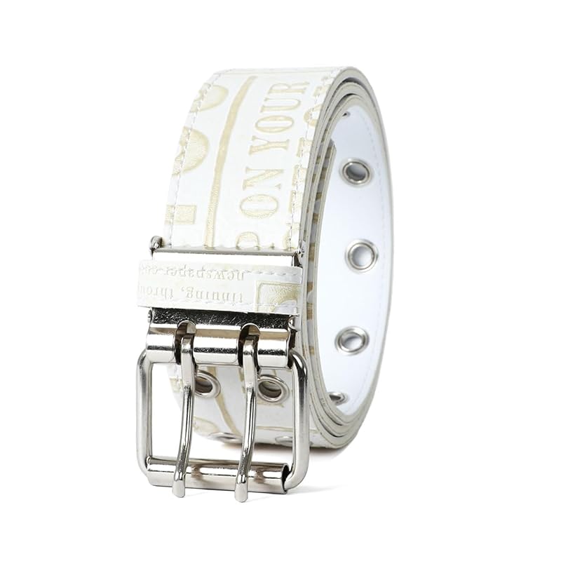 

[M.R.U.] belt men s casual double pin All-over pattern eyelet belt Synthetic leather English letters white Free
