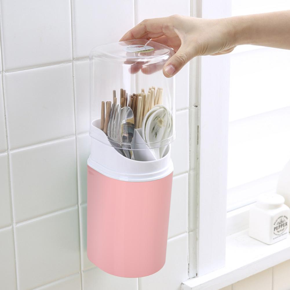 Wall Mounted Chopsticks Holder With Cover Dust Chopsticks Tube Kitchen Drain Spoon Rack(Pink)