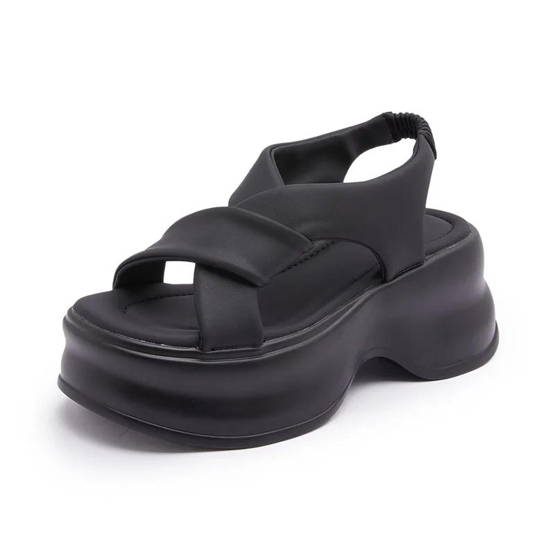 

8 см Летние сандалии на платформе для женщин с открытым носком, на толстой подошве, на плоской подошве, женские элегантные сандалии-гладиаторы, вентилируемые 33 чёрный