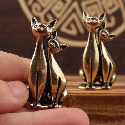 Ornement Sculpture Double Chat en Laiton Artisanat Ornement Chat Anime Maison Bureau Salon Petit Ornement Artisanat