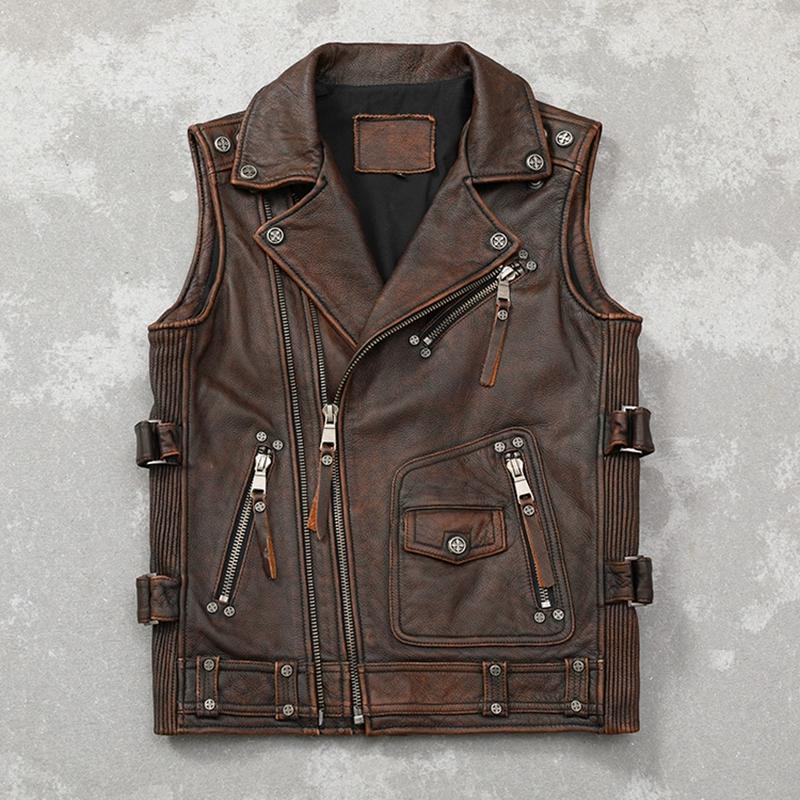 

Китайский размер новый винтажный коричневый мотоциклетный байкерский кожаный жилет мужской из натуральной коровьей кожи высокого качества безрукавка тонкий клубный стиль жилеты пальто 8XL