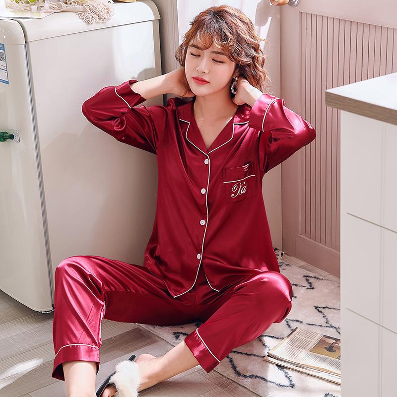 Frühlings-Seidenpyjama-Set im koreanischen Stil: Damenimitatseide & Herren Dünn Langarm Hauskleidung
