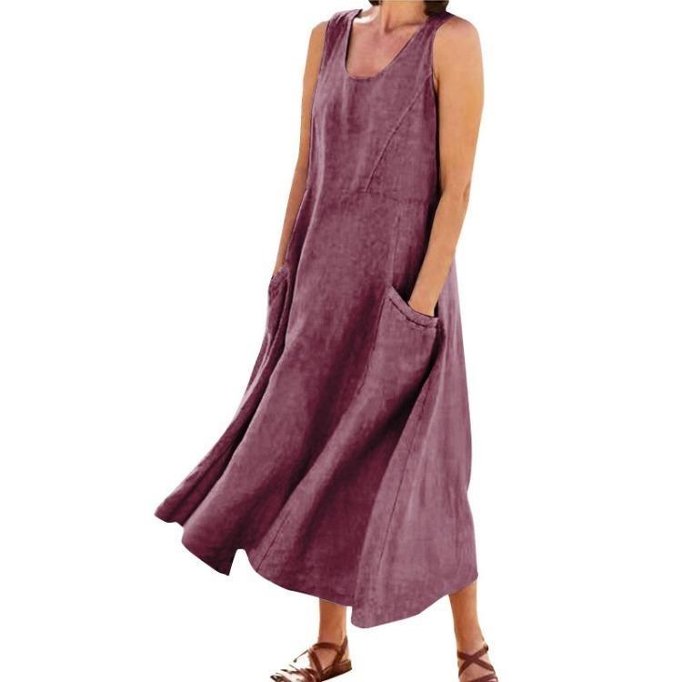 Summer Sleeveless Pocket Dress Cotton Linen Blend European American Style 19 Colors