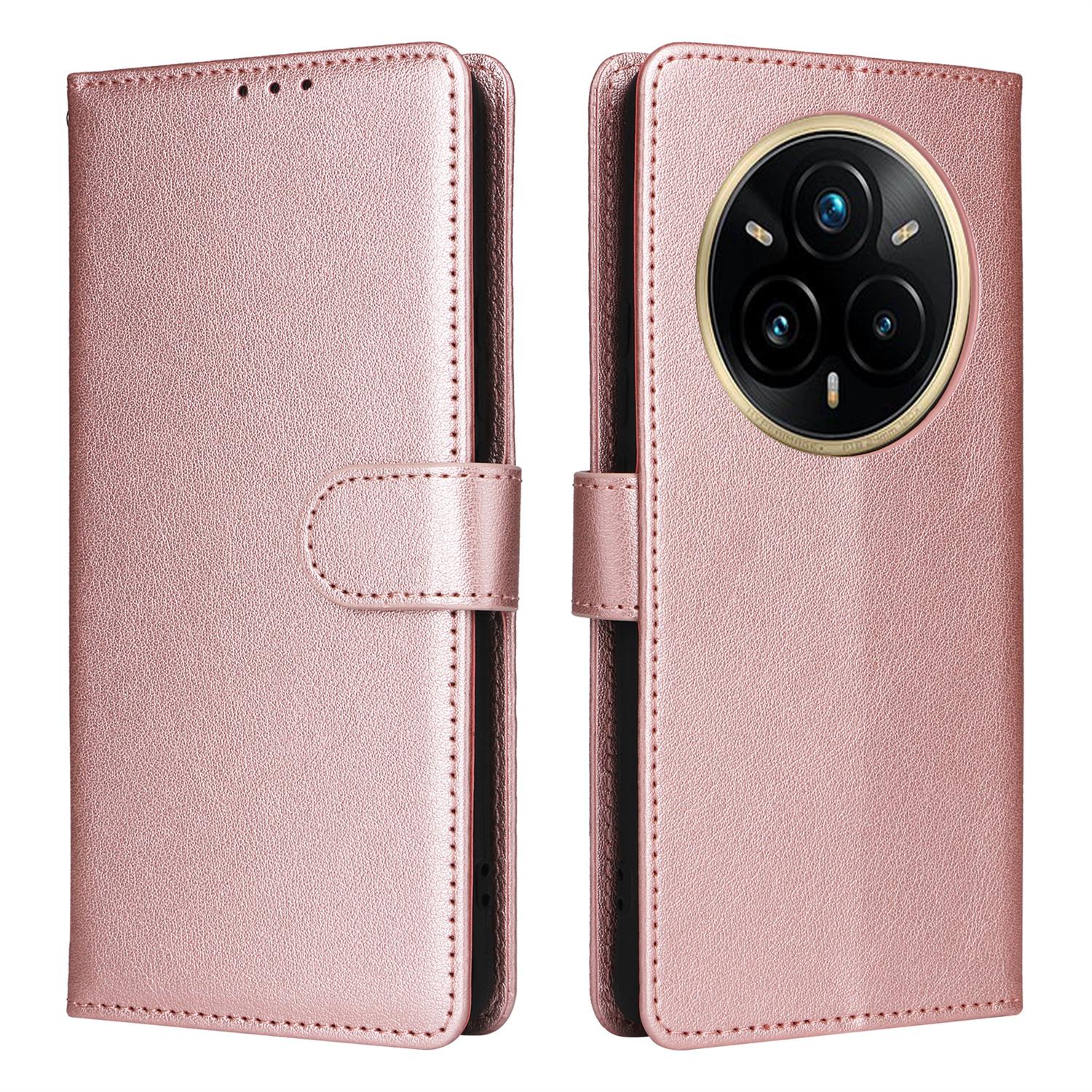 

For Realme 14 Pro 5G Case Wallet Stand View PU Leather Phone Cover with Wrist Strap Rose Gold