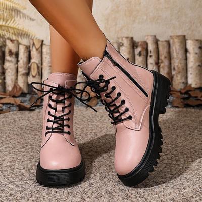 Round Toe Heightened Booties Fall/Winter  New Lace-Up Zip Soft Sole Non-Slip Retro Single Boots