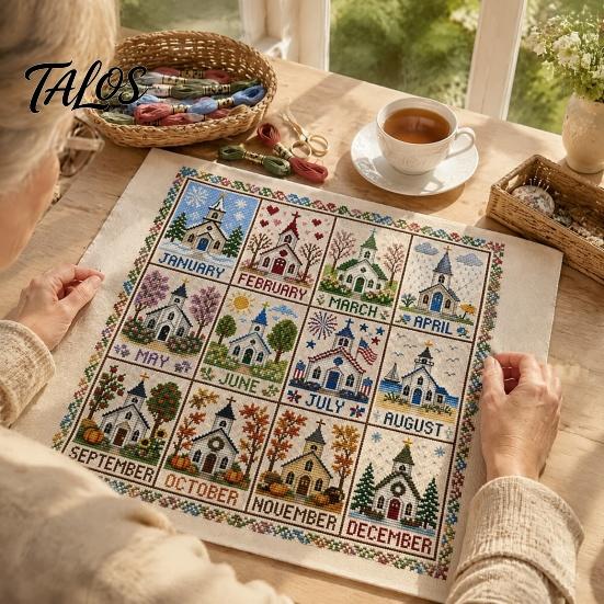 Twelve Month Decorative Wall Art 12-Month Cross Stitch Kit, DIY Four Seasons Embroidery Seasonal Monthly Kit Stamped Stitching Craft Set for