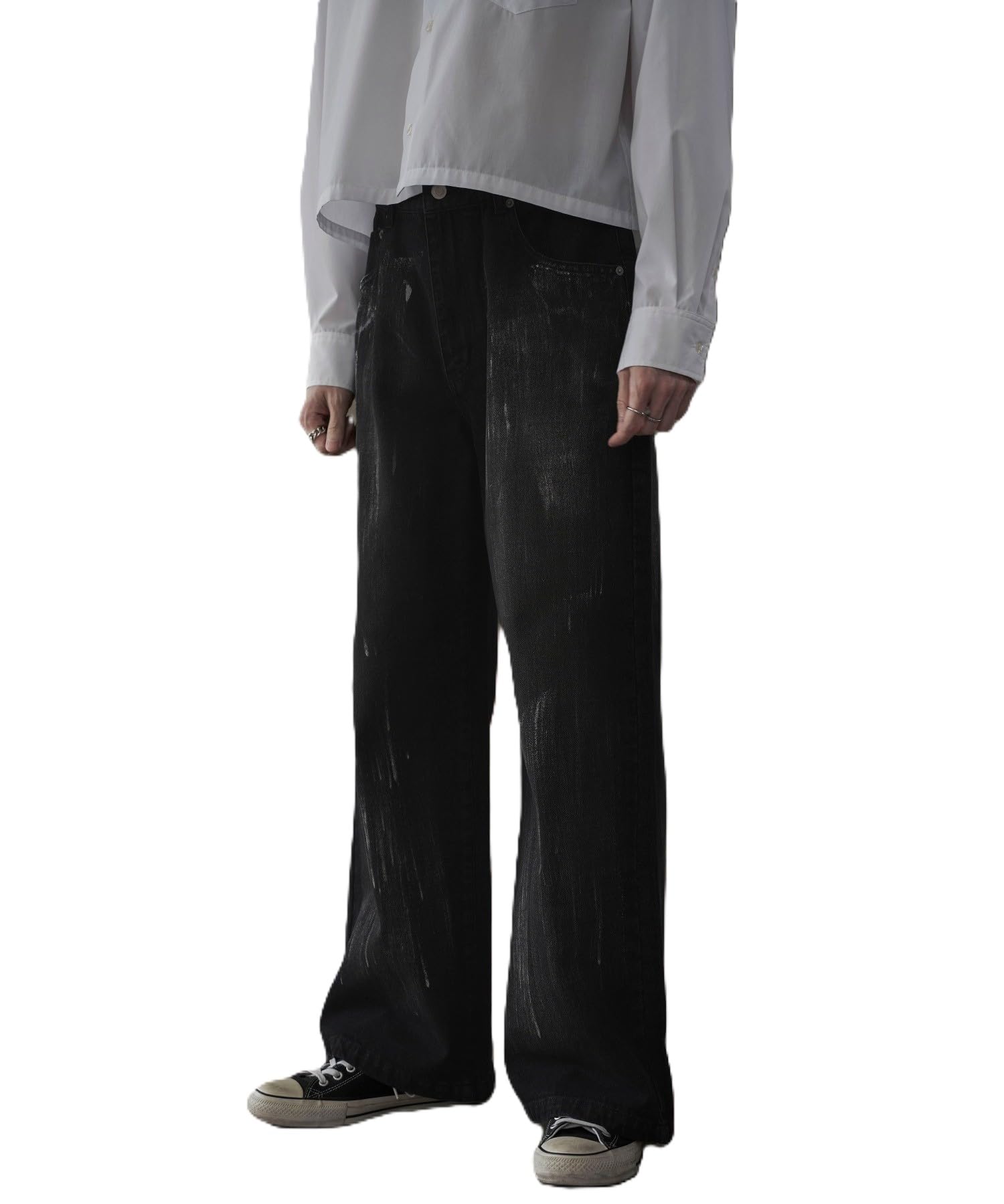 

WEGO Серебристый принт Мешковатые расклешенные джинсы Размер Черный деним Мужские брюки, L,