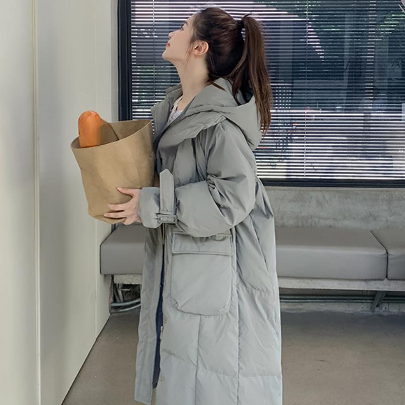 Grüne Daunenjacke für Damen mit Kapuze, lange Baumwolle, Kleidung für den Winter, neue koreanische Mode, lose Übergröße, warm, verdickt, winddicht, Mantel, Tops