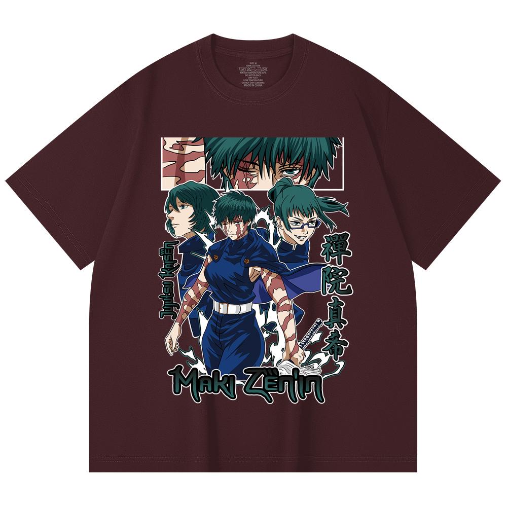 230 Gsm 100% Cotton Jujutsu Kaisen V43 Maki Print Unisex Heavy Cotton T Shirt 2XL вино красного