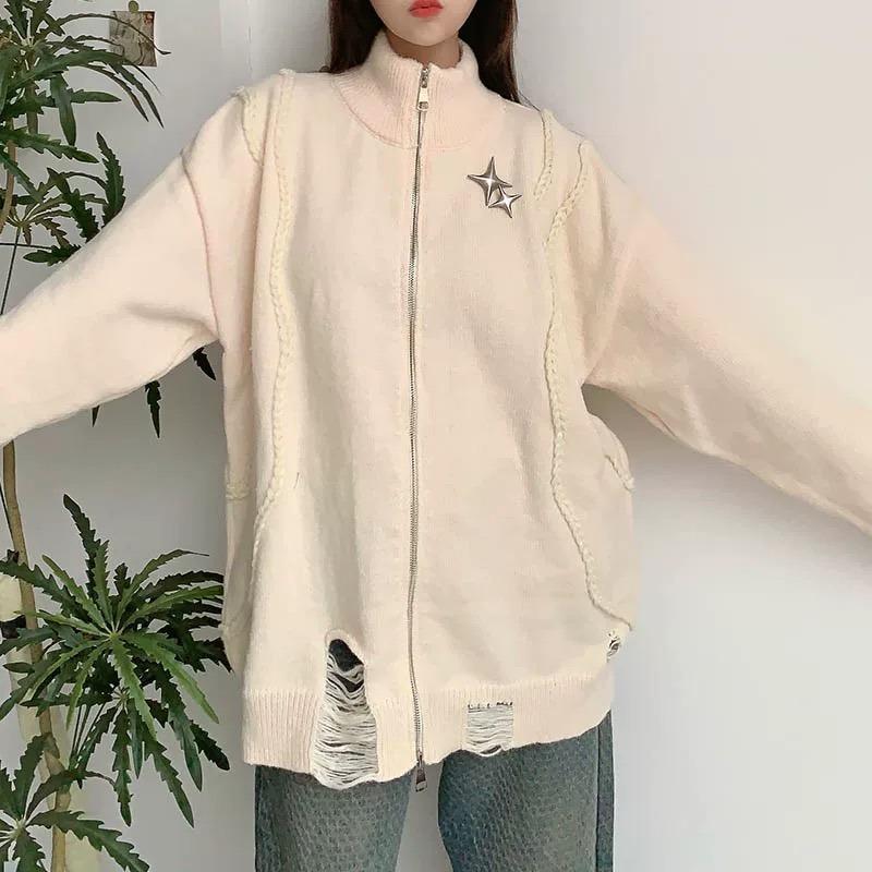 

American Retro Stand Collar Cardigan Sweater: Autumn & Winter Loose Knitwear XXL абрикосовий