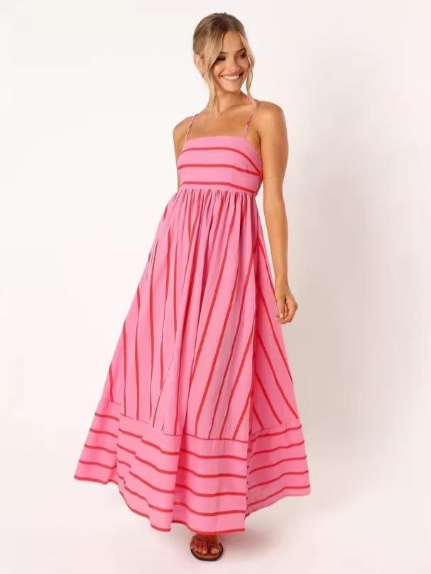 Spring/Summer 2024 Striped Off-Shoulder Wide-Hem Camisole Dress - Fresh Casual Vacation Style