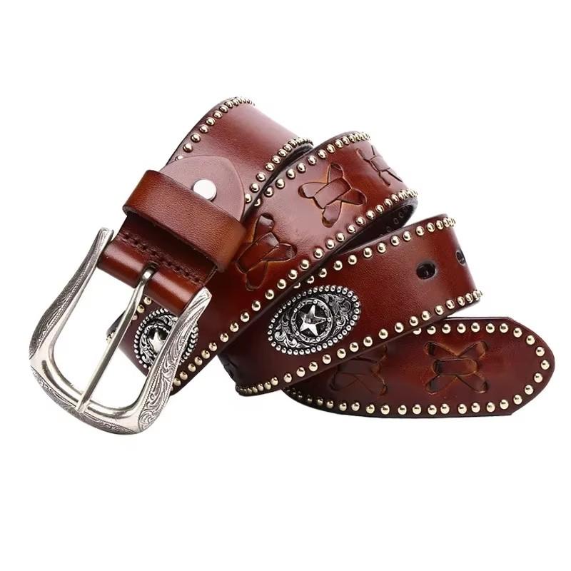 3.8CM Metal Rivet Belt Luxury Designers Men Punk Cowskin Genuine Leather Belt Male Rock Hip Hop Strap Waist