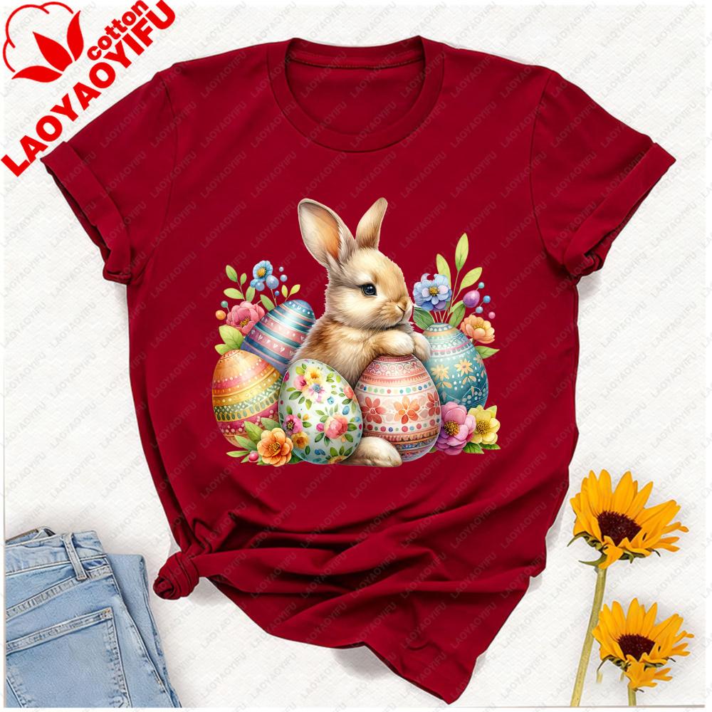Easter Bunny Tshirt Cute Rabbit With Vibrant Floral Decorated Eggs Kawaii Graphic Festive Casual Looks For Spring Celebrations