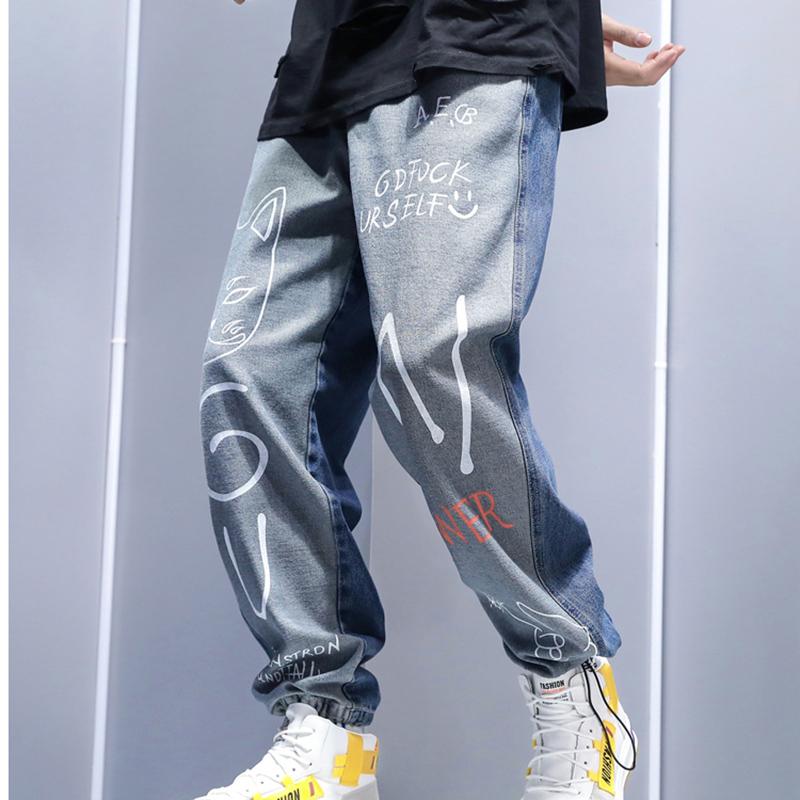 

IELGY High Street Личность Граффити Свободные прямые брюки Студенческие уличные джинсы с завязками на шнуровке для ног Жареные уличные джинсы 4XL синий