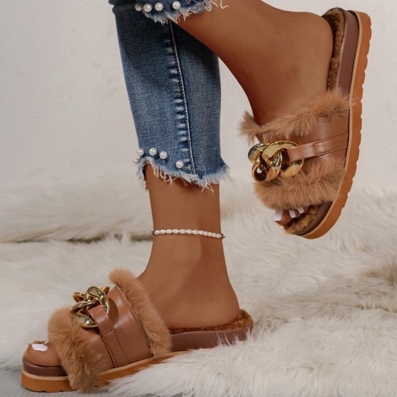 Large size new flat bottom one-word metal chain Mao Mao drag comfortable casual one-word slippers women