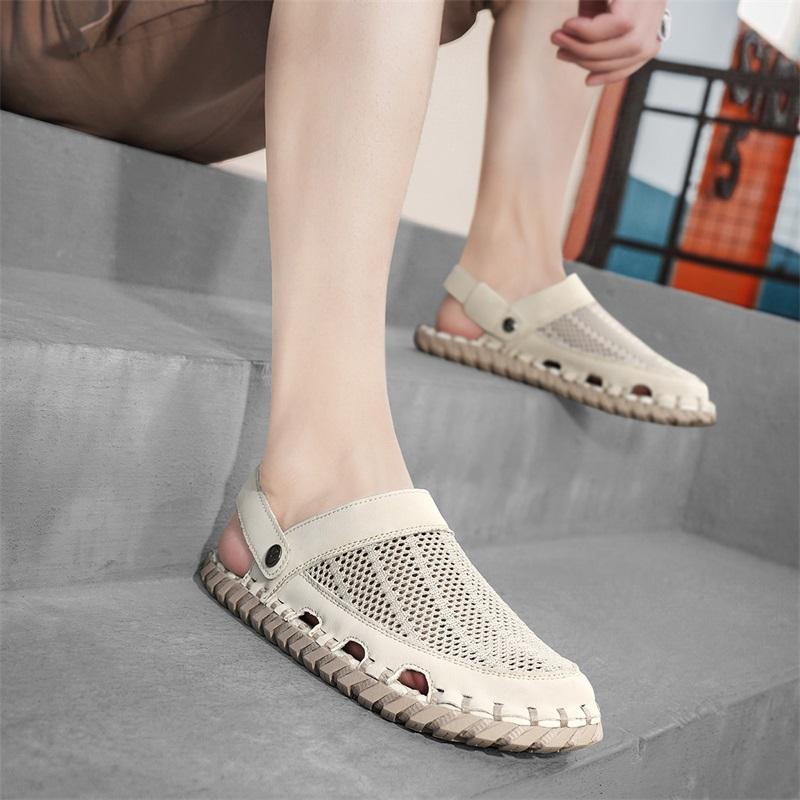 Mode Sandalen für Herren Sommer Flache Oberseite Hochwertige Sandalen Netzstickerei Weiche Sohle Outdoor Rutschfest Camping Atmungsaktive Freizeitschuhe
