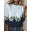 Round Neck 3D Flower Printed Top Casual Long Sleeved Women's T-shirts - Soft Medium Stretch Polyester Fabric Spring and Autumn Relaxed Fit Clothing