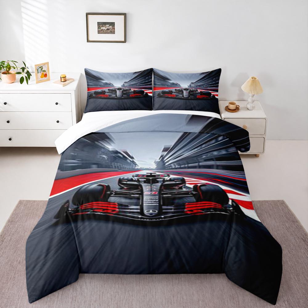 3 Piece Bedding Set with Duvet Cover and 2 Pillowcases - Mercedes F1 Black Car Track Print - Motion Motorsport Decor for Fans