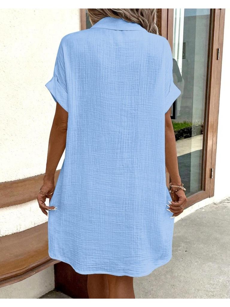 V-Kragen, einfarbiges Kleid mit Knöpfen, hohe Taille, elegantes Hemdblusenkleid für Damen, kurzärmelige, lockere Kleider, lässiges Kleid