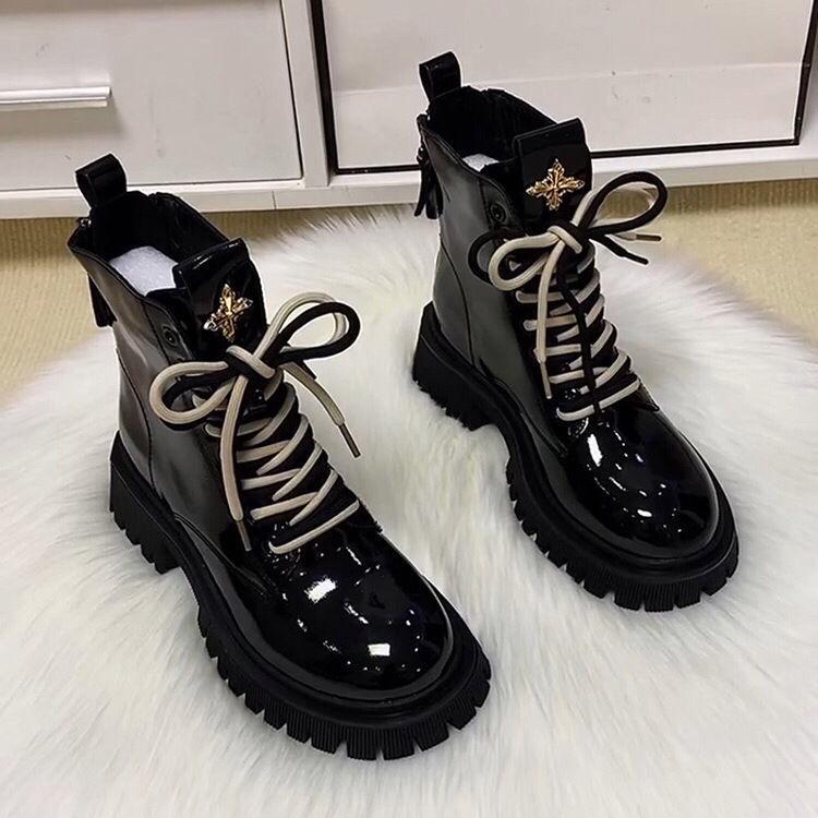 Damen Europäischer Stil Echtes Weiches Leder Martin Stiefeletten - Herbst/Winter Mode, Mittelhoch, Dicke Sohle, Britischer Stil.