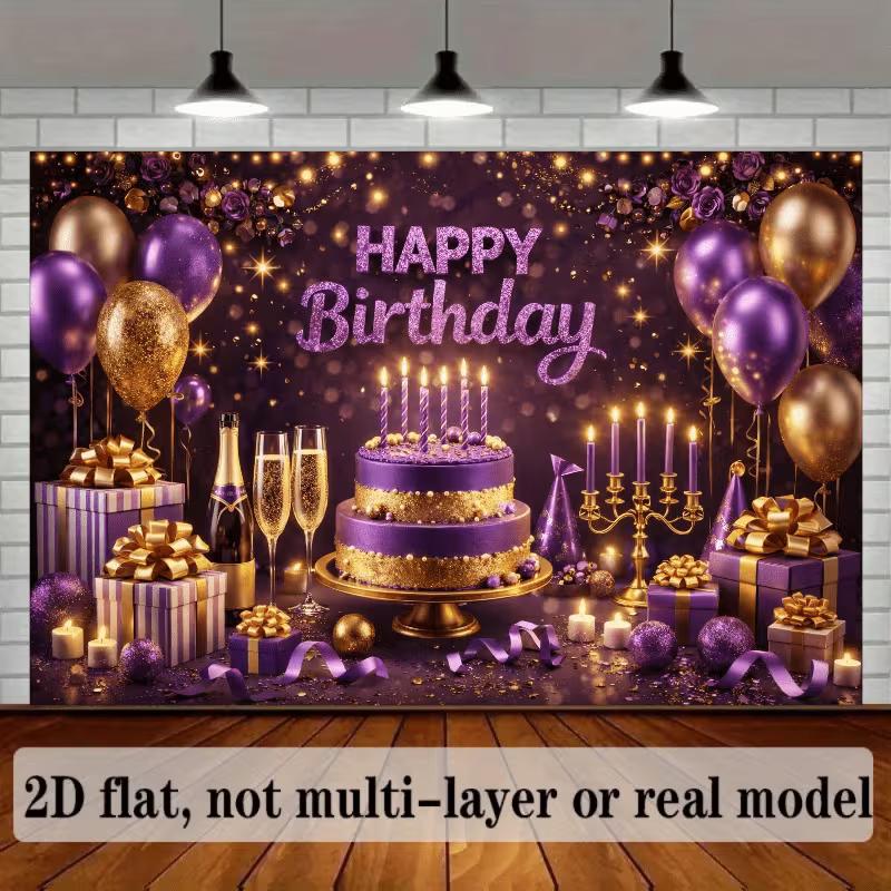 2D Purple Gold Birthday Banner Cake Table Background Photo Booth