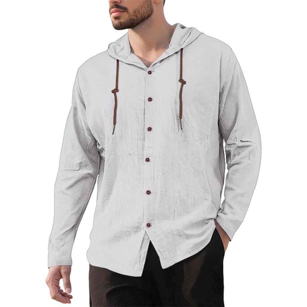 Men's Casual Cotton-Linen Blend Hooded Button-Down Shirt