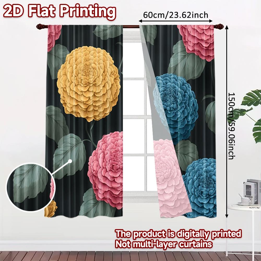 Flat Printing Curtains Without Rod Floral Peonies Dark Background Fashionable Curtainments During Curtain Set Of 2 Modern Made Polyester Washable