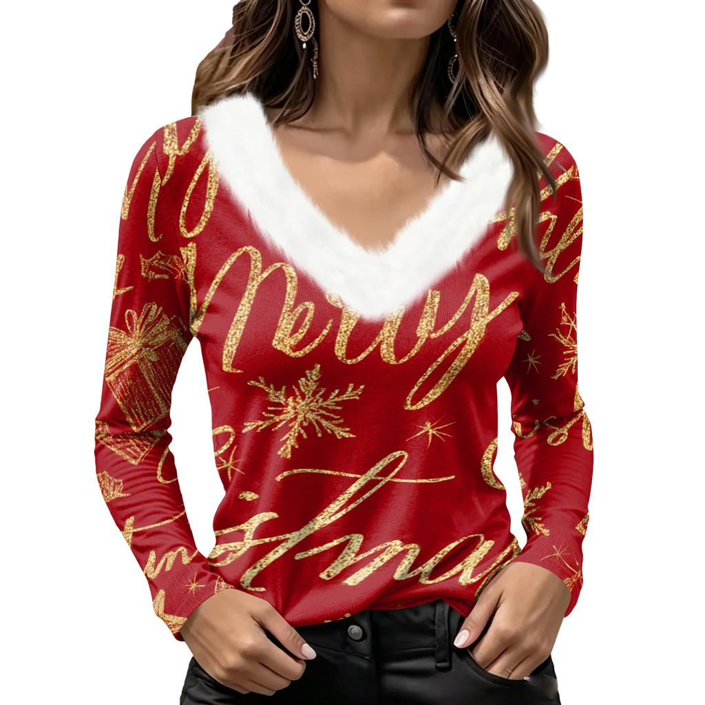 Women's Christmas Long Sleeve Top with Snowflake and Christmas Tree Print, Collar and V-Neck