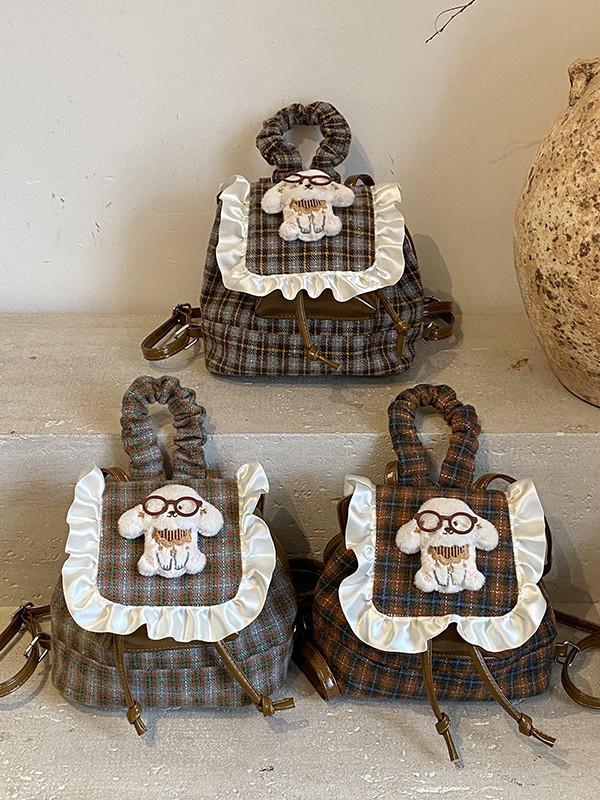 Korean Style Children's Plaid Plush Cartoon Doll Backpack