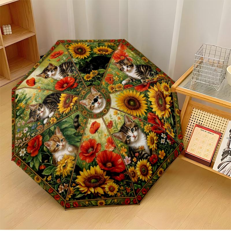 

Kittens in Floral Basket Printed umbrella windproof folding umbrella portable sun and rain umbrella suitable for gifting