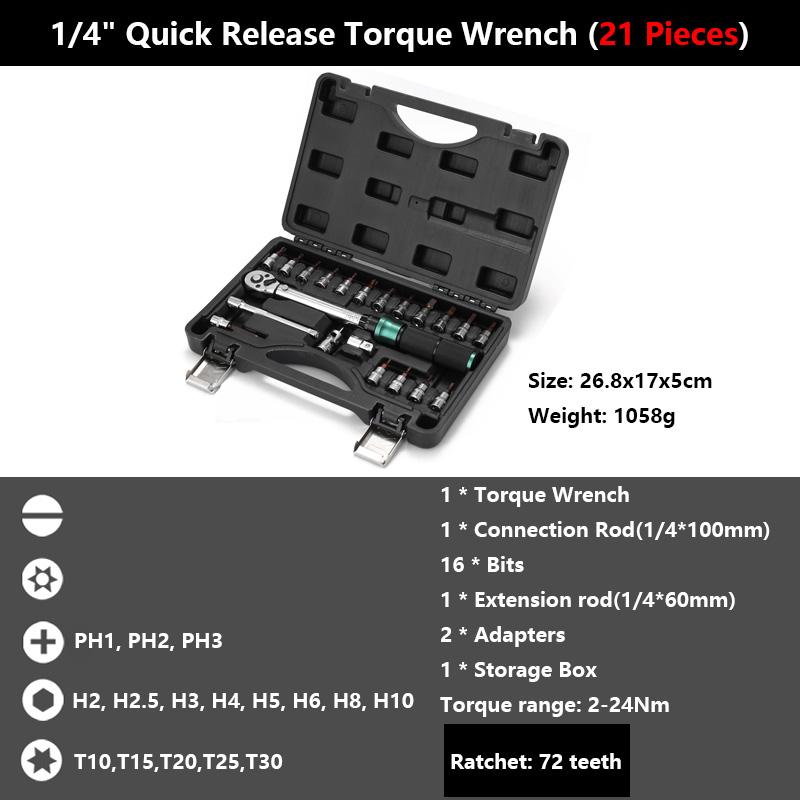 1/4'' Drive 2-24N.m Precise Double Scale Torque Wrench Set MTB Bike Socket Spanner Bicycle Motorcycle Ratchet Repair Toolbox Kit