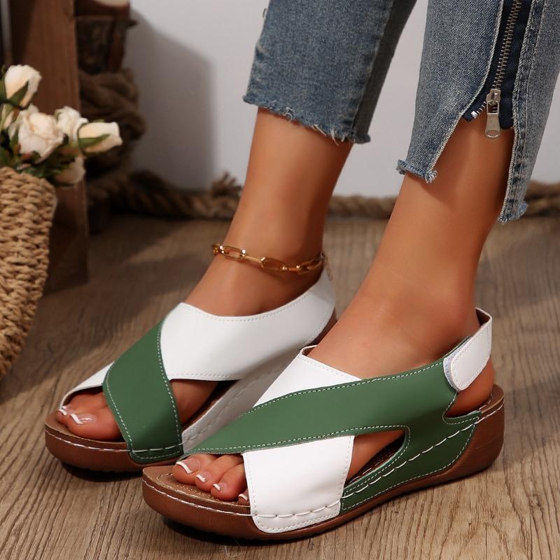 Women’s Platform Peep-Toe Colorblock Sandals with Velcro Straps and Breathable Cutout Design for Wide Sizes