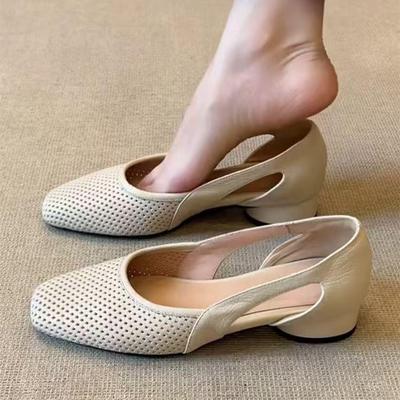 Sandali Estivi con Tacco Grosso e Cavità per Donna Stile Francese Scarpe in Pelle Singola
