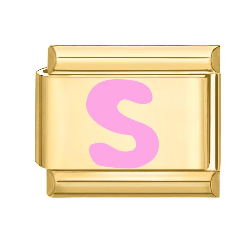 Vintage Y2K Pink 26 English Letters Gold Color Italian Charm Links Fit 9MM Bracelet Stainless Steel Making DIY Christmas Gifts