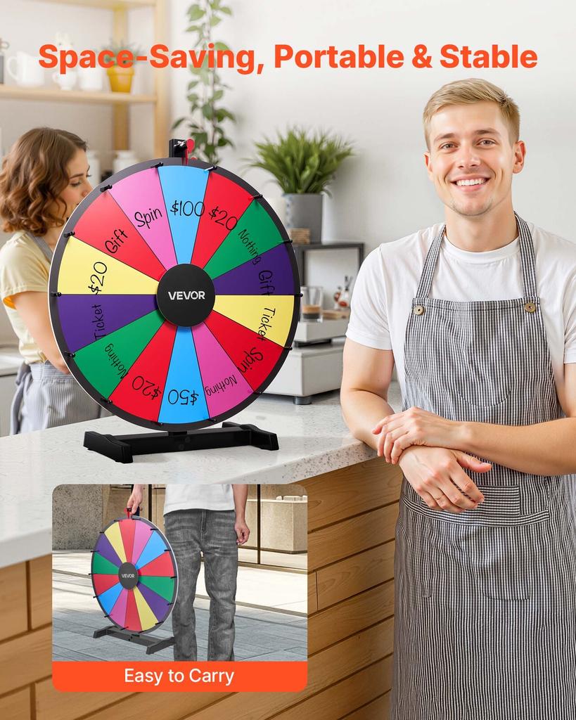 VEVOR 610 mm Spinning Prize Wheel, 14 Slots Spinning Wheel with Stand, Tabletop Win Fortune Roulette with a Dry Erase and 2 Markers, 6 Colors