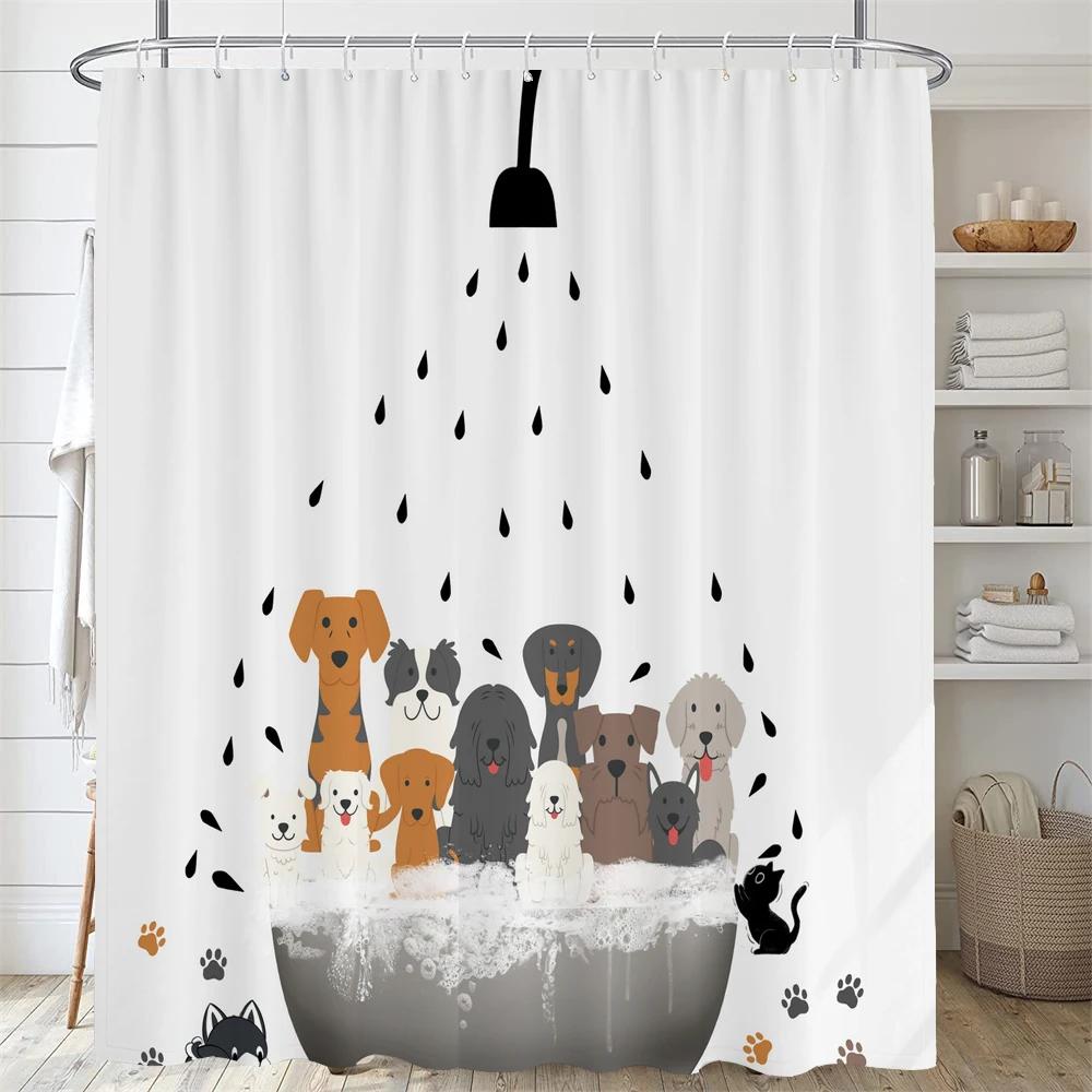 Cartoon Animal Shower Curtain Cute Cat and Dog Bath curtain with Hooks, Waterproof Shower Curtain, Shower Curtains for Bathroom