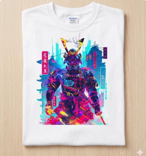 Neon Samurai Cyberpunk Japanese Art T- | Streetwear Anime Style Graphic Tee Unisex T-Shirt S