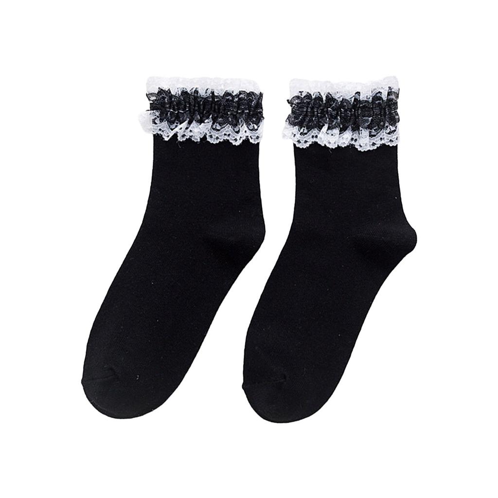 Stylish Lace Middle Tube Socks Girls Black White JK Cotton Breathable Casual Female